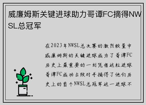威廉姆斯关键进球助力哥谭FC摘得NWSL总冠军